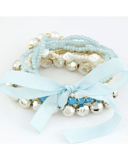 Four-layer Beading Floppy Ribbon Bow Bracelet - Blue