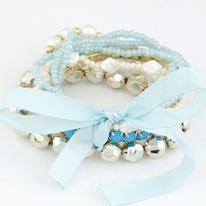 Four-layer Beading Floppy Ribbon Bow Bracelet - Blue