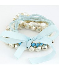 Four-layer Beading Floppy Ribbon Bow Bracelet - Blue