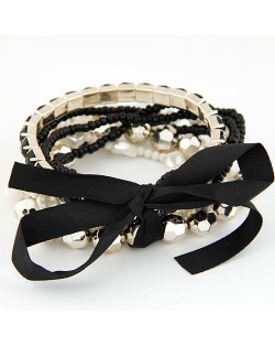 Four-layer Beading Floppy Ribbon Bow Bracelet - Black