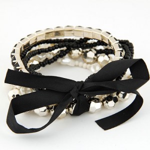 Four-layer Beading Floppy Ribbon Bow Bracelet - Black