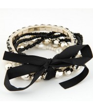 Four-layer Beading Floppy Ribbon Bow Bracelet - Black