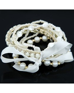 Four-layer Beading Floppy Ribbon Bow Bracelet - White