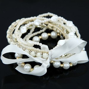 Four-layer Beading Floppy Ribbon Bow Bracelet - White