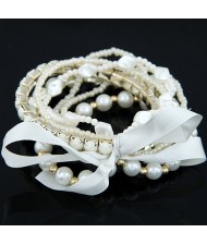 Four-layer Beading Floppy Ribbon Bow Bracelet - White