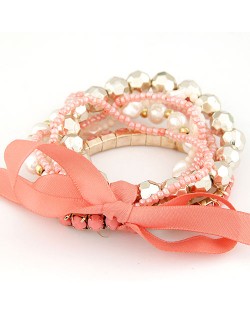 Four-layer Beading Floppy Ribbon Bow Bracelet - Rose