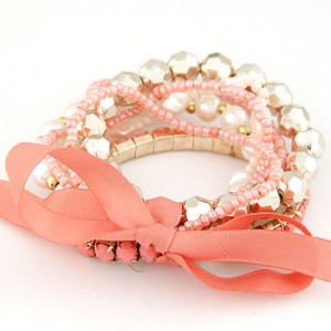 Four-layer Beading Floppy Ribbon Bow Bracelet - Rose