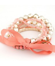 Four-layer Beading Floppy Ribbon Bow Bracelet - Rose