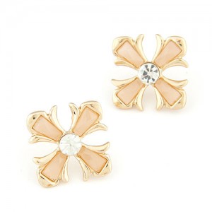Czech Rhinestone Inlaid Floral Cross Ear Studs - Champagne