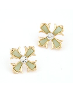 Czech Rhinestone Inlaid Floral Cross Ear Studs - Green