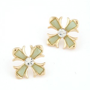 Czech Rhinestone Inlaid Floral Cross Ear Studs - Green