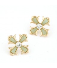 Czech Rhinestone Inlaid Floral Cross Ear Studs - Green