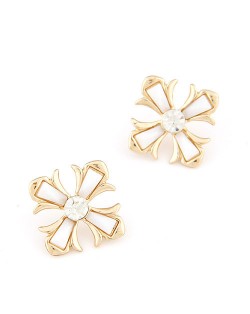 Czech Rhinestone Inlaid Floral Cross Ear Studs - White