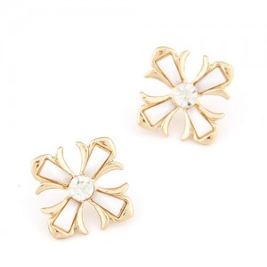 Czech Rhinestone Inlaid Floral Cross Ear Studs - White