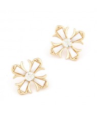 Czech Rhinestone Inlaid Floral Cross Ear Studs - White
