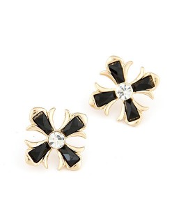 Czech Rhinestone Inlaid Floral Cross Ear Studs - Black