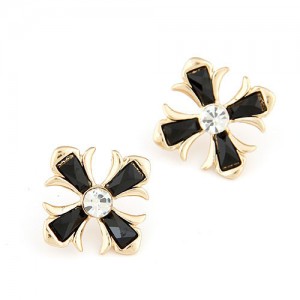 Czech Rhinestone Inlaid Floral Cross Ear Studs - Black