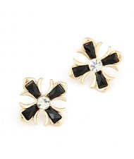 Czech Rhinestone Inlaid Floral Cross Ear Studs - Black