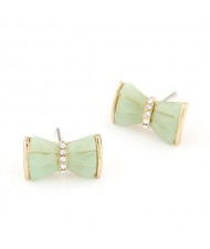 Czech Rhinestone Decorated Sweet Bowknot Ear Studs - Green