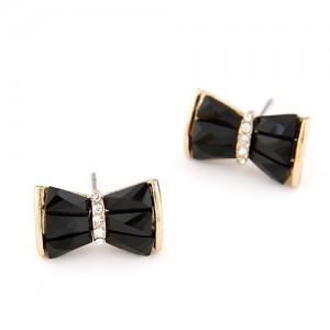Czech Rhinestone Decorated Sweet Bowknot Ear Studs - Black
