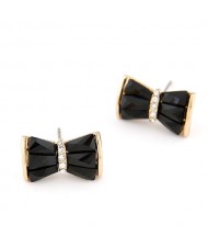 Czech Rhinestone Decorated Sweet Bowknot Ear Studs - Black