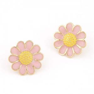 Korean Fashion Oil-spot Glazed Daisy Ear Studs - Pink