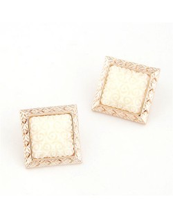 Golden Engraving Rimmed Three-dimensional Roses Square Ear Studs - White