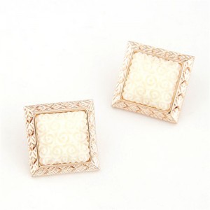 Golden Engraving Rimmed Three-dimensional Roses Square Ear Studs - White