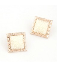 Golden Engraving Rimmed Three-dimensional Roses Square Ear Studs - White