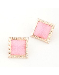 Golden Engraving Rimmed Three-dimensional Roses Square Ear Studs - Pink