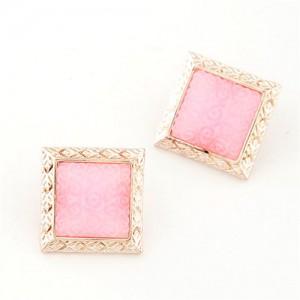 Golden Engraving Rimmed Three-dimensional Roses Square Ear Studs - Pink