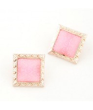Golden Engraving Rimmed Three-dimensional Roses Square Ear Studs - Pink