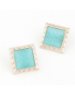 Golden Engraving Rimmed Three-dimensional Roses Square Ear Studs - Green