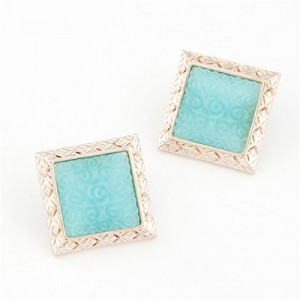 Golden Engraving Rimmed Three-dimensional Roses Square Ear Studs - Green