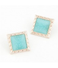 Golden Engraving Rimmed Three-dimensional Roses Square Ear Studs - Green