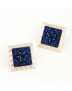 Golden Engraving Rimmed Three-dimensional Roses Square Ear Studs - Royal Blue