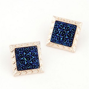 Golden Engraving Rimmed Three-dimensional Roses Square Ear Studs - Royal Blue