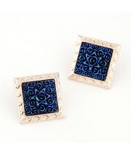 Golden Engraving Rimmed Three-dimensional Roses Square Ear Studs - Royal Blue