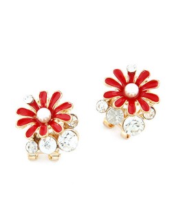 Rhinestone Garnished Chrysanthemum Earrings - Red