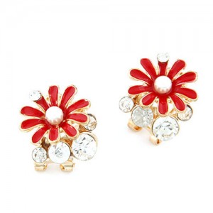 Rhinestone Garnished Chrysanthemum Earrings - Red