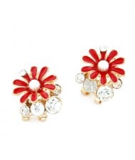 Rhinestone Garnished Chrysanthemum Earrings - Red