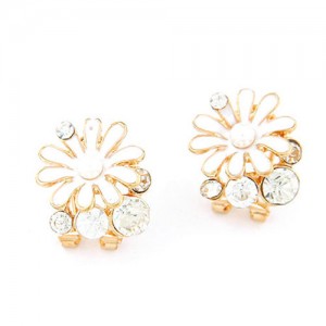 Rhinestone Garnished Chrysanthemum Earrings - White