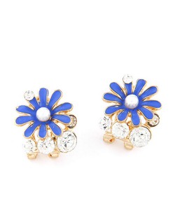 Rhinestone Garnished Chrysanthemum Earrings - Blue
