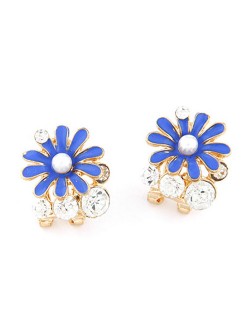 Rhinestone Garnished Chrysanthemum Earrings - Blue