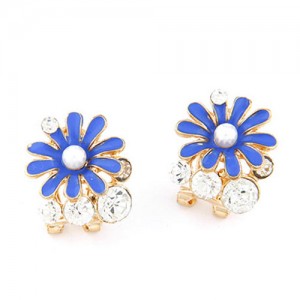 Rhinestone Garnished Chrysanthemum Earrings - Blue