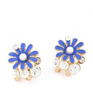 Rhinestone Garnished Chrysanthemum Earrings - Blue