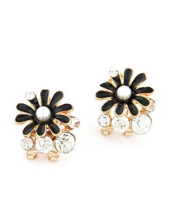 Rhinestone Garnished Chrysanthemum Earrings - Black