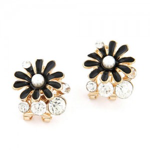 Rhinestone Garnished Chrysanthemum Earrings - Black