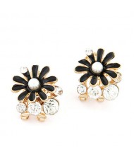Rhinestone Garnished Chrysanthemum Earrings - Black