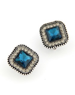 Classical Style Square Gem Studs Rim Ear Studs - Blue